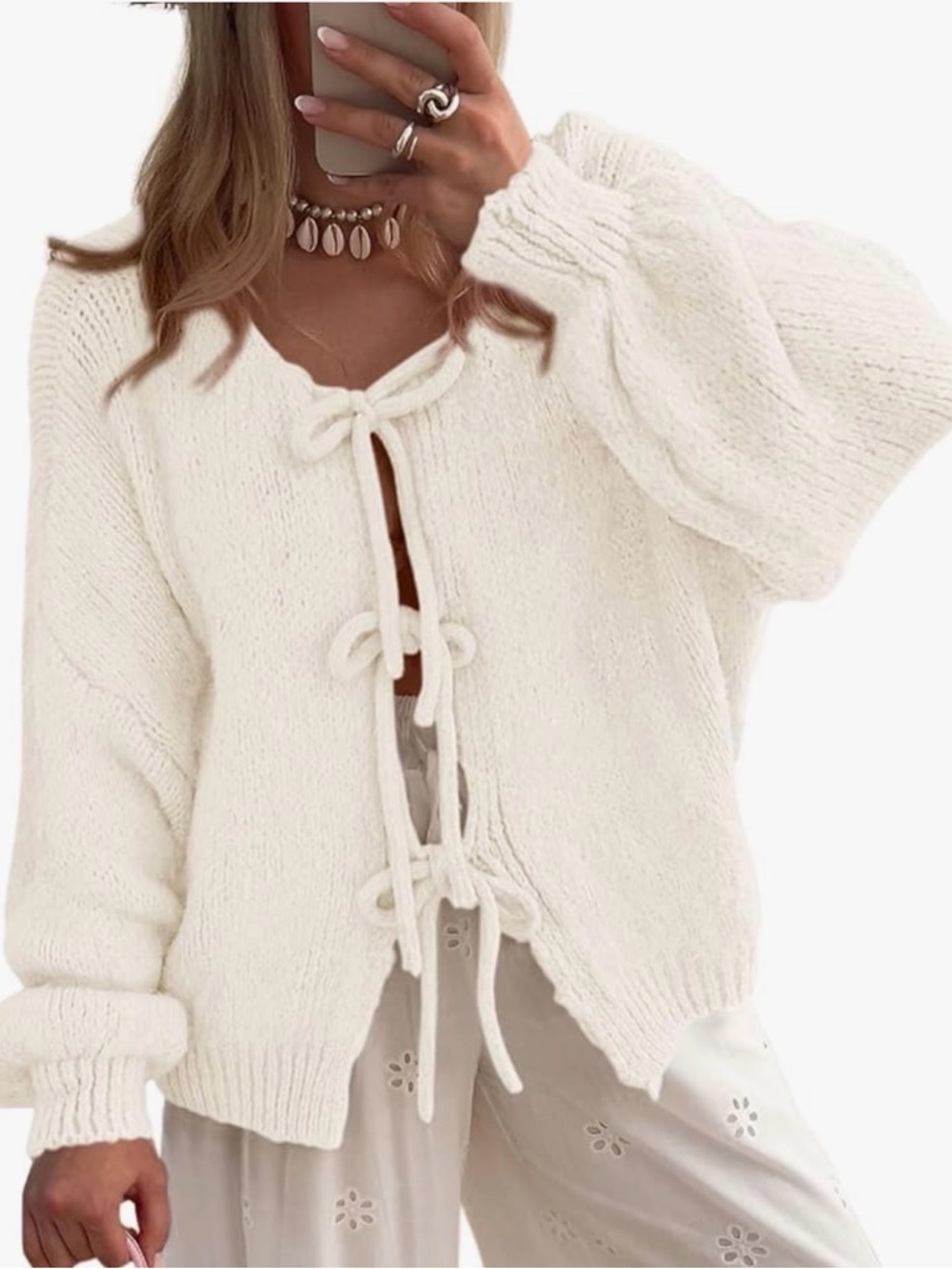 Tie-Front Chunky Knit Cardigan Sweater - White